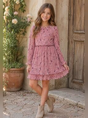 Hayden Girls Dusty Rose Floral Pleated Dress Size 13/14 NWT Boho Romantic